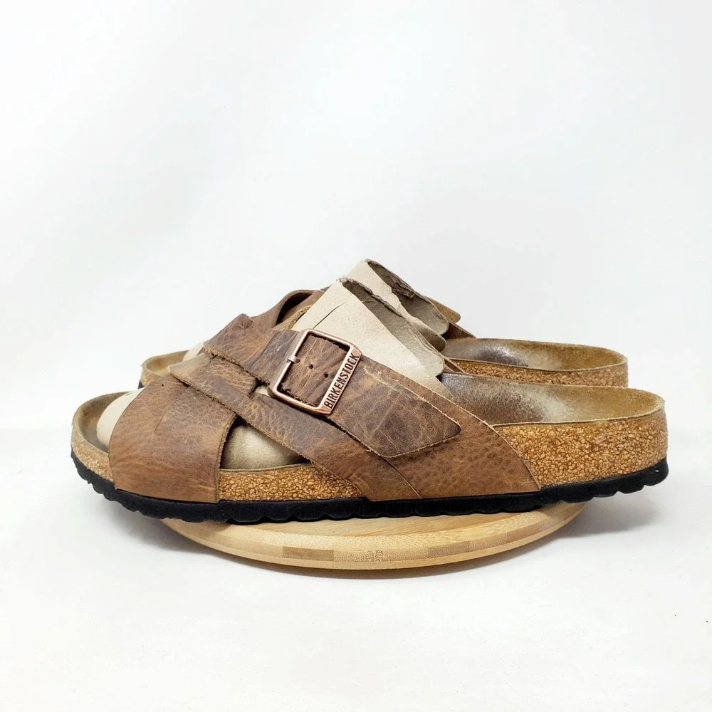 Birkenstock Lugano Sandals 44 Mens 11 Tobacco Oiled Leather Straps Shoes